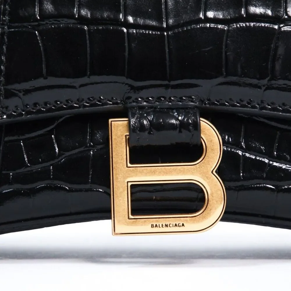 Balenciaga Hourglass XS Black Croc-Embossed Calfskin Top Handle Crossbody Bag